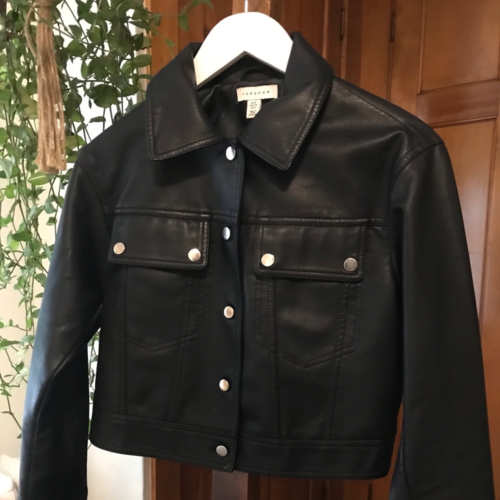 Topshop Faux Leather Button Up Jacket Coat Black